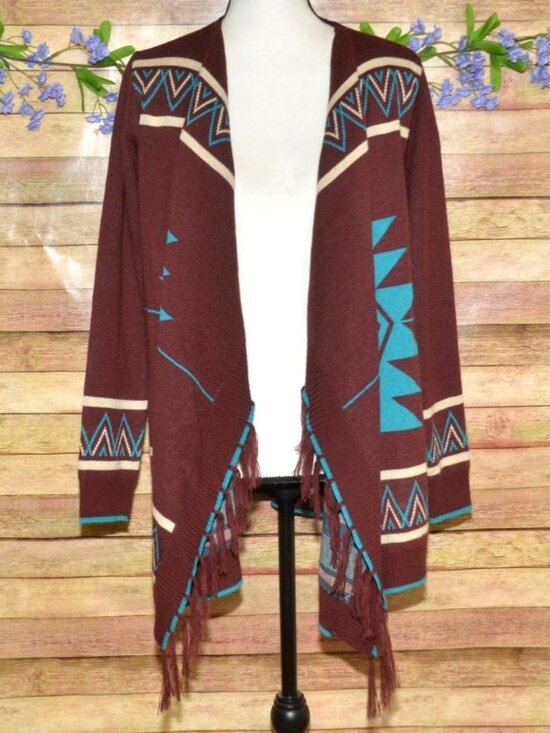Giddy Up Glamour Cardigan Womens S Aztec Southwestern Open Front Fringe Fall - Picture 1 of 13